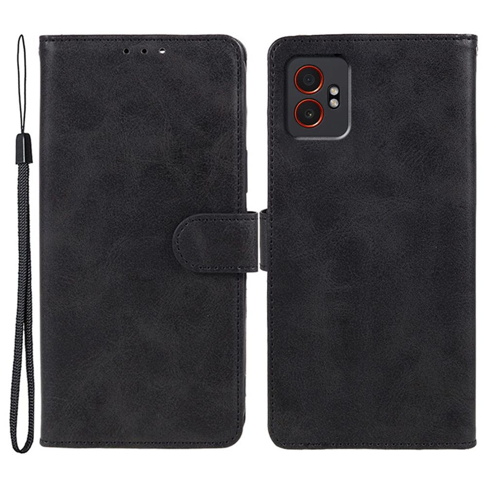 For Samsung Galaxy XCover7 Pro Case Calf Texture PU Leather Wallet Phone Cover with Wrist Strap