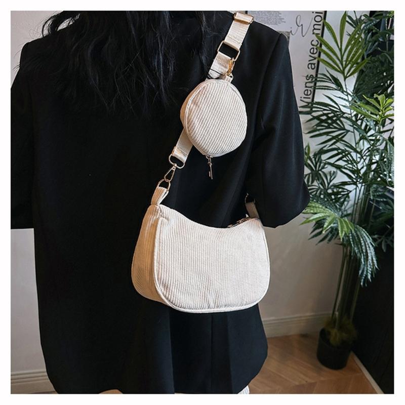 Womens Fashion Solid Color Corduroy Underarm Bag with Coin Purse Pouches Shoulder Crossbody Bag for Shopping Dating Work