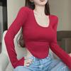 Chic U-Neck Irregular Hem Slim Fit Long-Sleeve T-Shirt