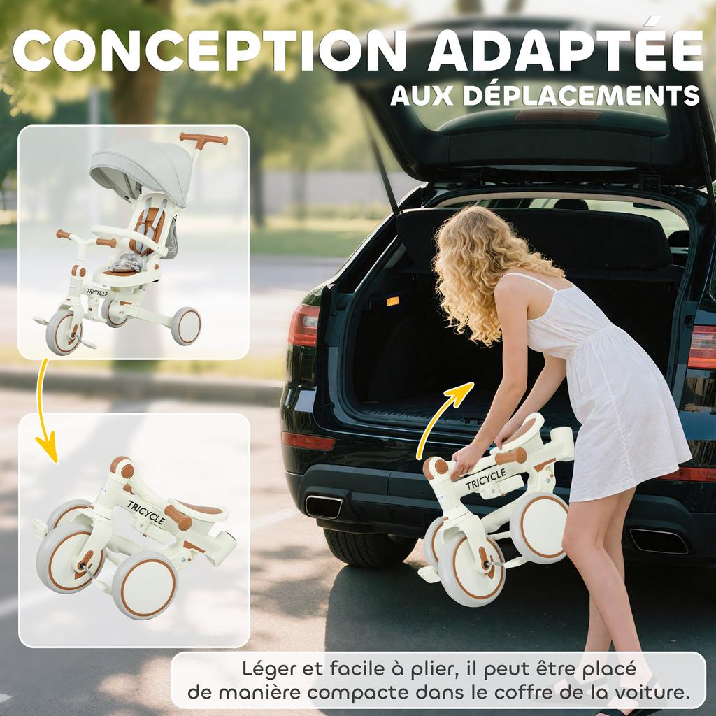 5-in-1 Convertible Baby Tricycle, Adjustable Handle, Removable Canopy, 1-3 Years, Cream