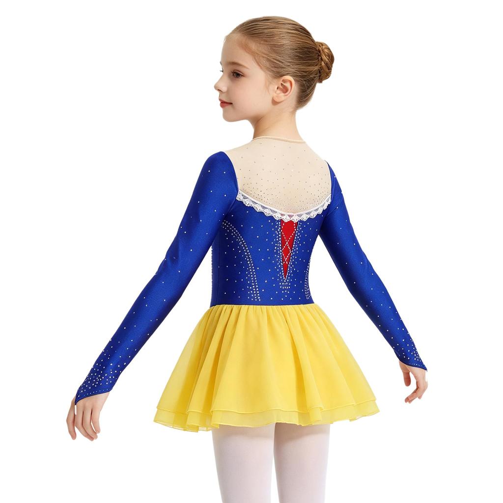 Girls Princess Costume Mesh Patchwork Long Sleeve Sparkly Rhinestones Lace Decor Contrast Color Dress