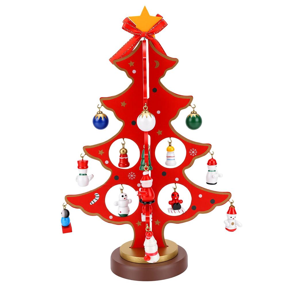 Wooden Xmas Tree DIY Kit Desktop Holiday Decor with Hanging Ornaments for Home Store Window Small Xmas Tree Red