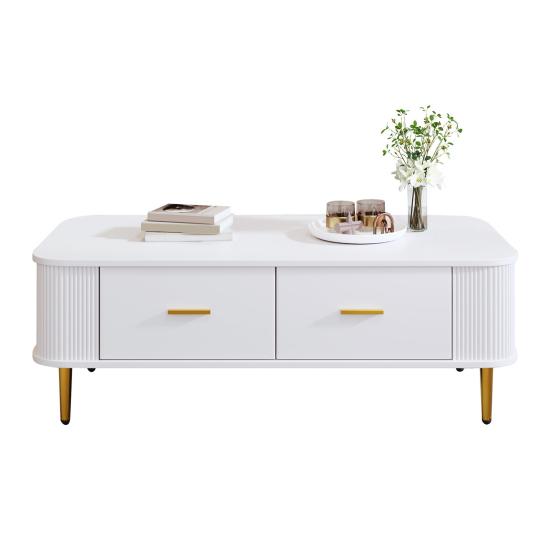 Center Table Coffee Golden Handles with Two Drawers Large Storage Space Curved Sofa Corners Wavy Side Storing MDF Rectangle Shape Tea Home Furniture
