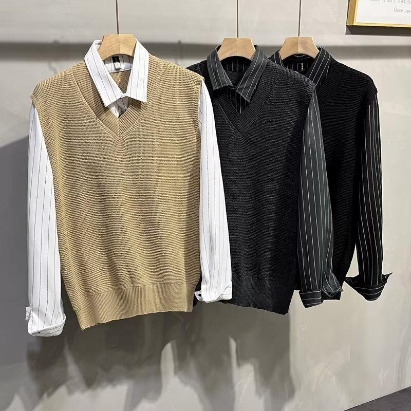 Herren Herbst Preppy Patchwork Zweiteiliges Pullover-Hemd - Langarm Britischer Stil Strickweste