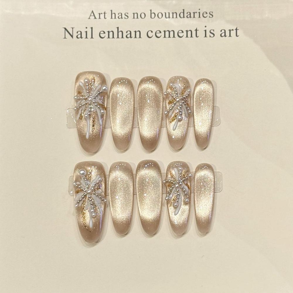 Handmade Luxury Nude Gradient Cat Eye Press On Nails Medium Length Reusable Full Cover False Nail Tips Set