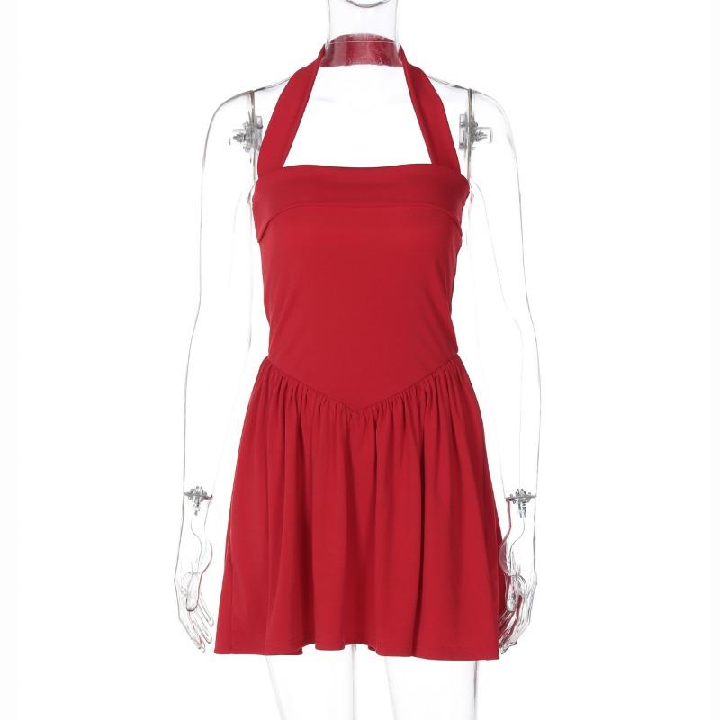 

Женское однотонное платье-халтер с юбкой-халтер и высокой талией в складку S красный