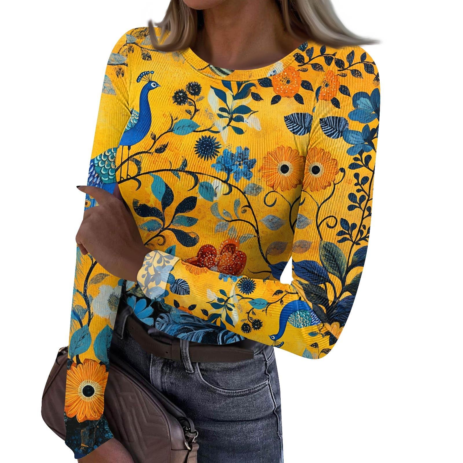 

Жіноча та зимова тонка футболка Модний повсякденний градієнтний друк Пуловер з круглим вирізом і довгим рукавом L помаранчевий