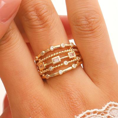 Women Ring Sparkling Geometric Cubic Zirconia Inlaid Adjustable Opening Multi-Layer Stacking Design Finger Band Jewelry Gift