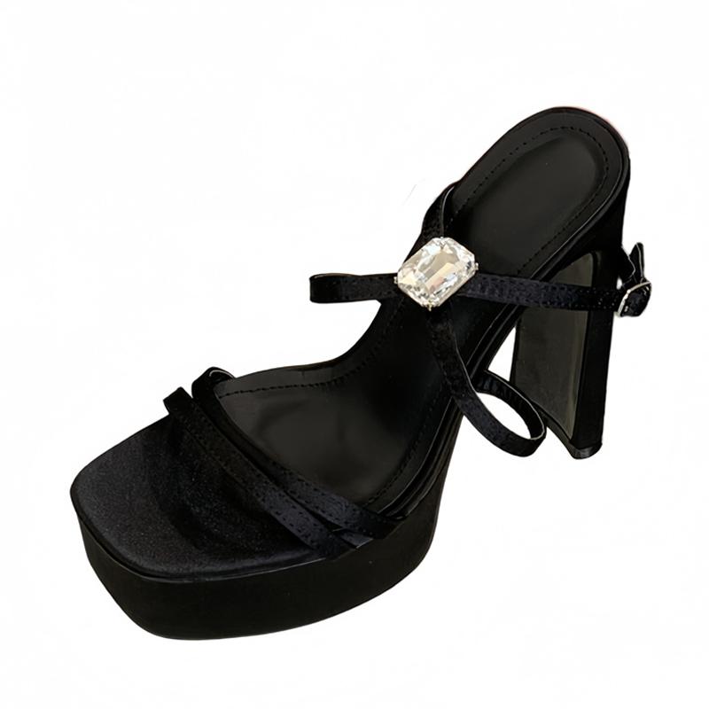 

Летние однотонные черные шелковые босоножки на платформе женские сексуальные на толстой подошве с квадратным носком дизайнерские туфли на высоком каблуке с бриллиантами для банкета 40 чёрный