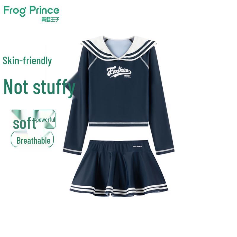Frog Prince Girls  Navy Collar Long-Sleeve Sun Protection Swim Skirt Set 140