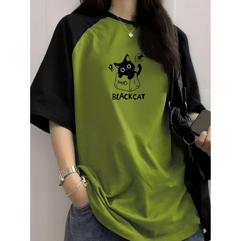 

Women s Summer Color-Blocked Raglan Short-Sleeve Pullover T-Shirt With Cartoon Cat Print 5XL