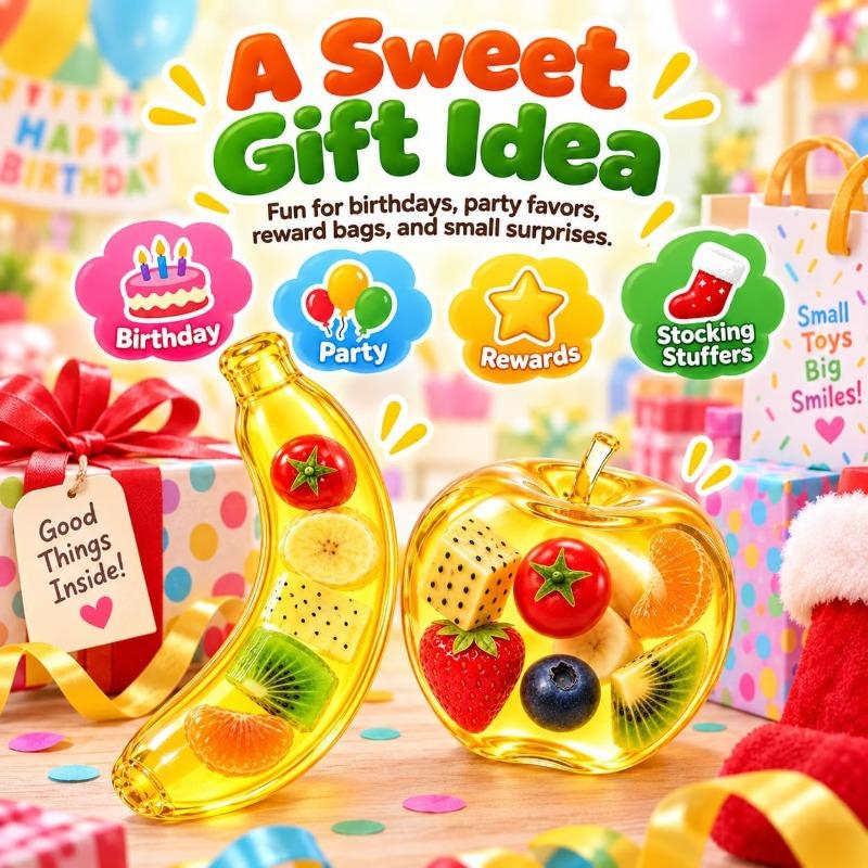 Fruit Filled Squishy Toy, Clear Apple Banana Coconut Oil Squishy with Fruit Inside Soft Durable Slow Rising for Stress Relief