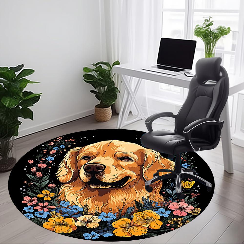 1pc Dog Floral Wreath Chair Carpet for Office, Round Non Slip Durable Large Size Office Carpet, Suitable for Office
