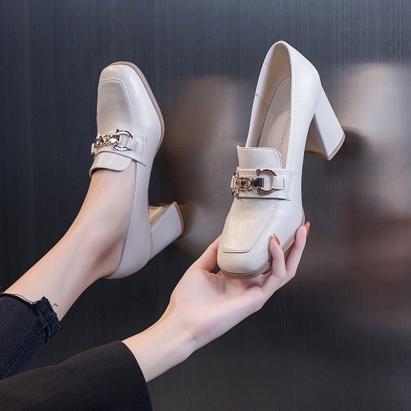 FHC New Soft Women Pumps,High Heels,Loafers Shallow Shoes,Square Toe,Slip On,British Style,Black,Beige,Dropship