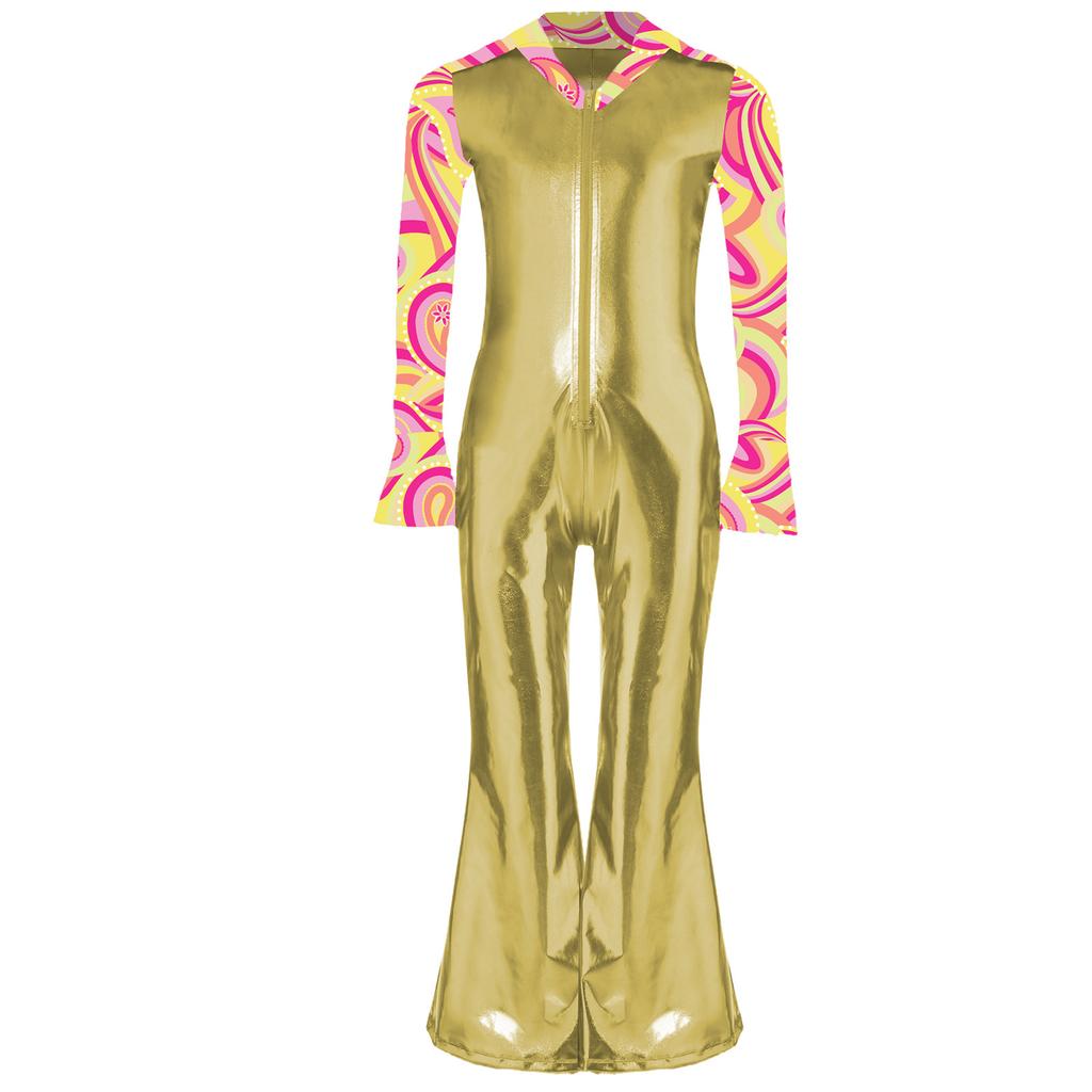 Boys Disco Costume Patchwork Printed Design Shiny Metallic Lapel Collar Long Flare Sleeve Bell Bottomed Pants Jumpsuit