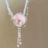 Pink Crystal Flower Pearl Necklace Earrings for Womens Summer Dopamine
