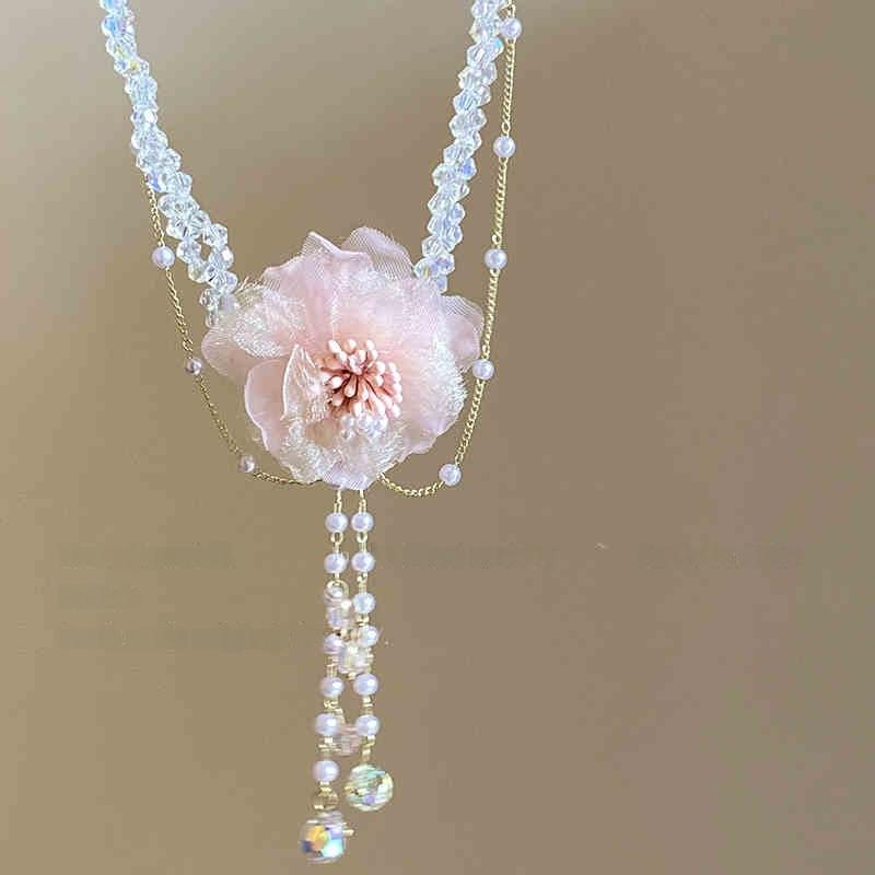 Pink Crystal Flower Pearl Necklace Earrings for Womens Summer Dopamine