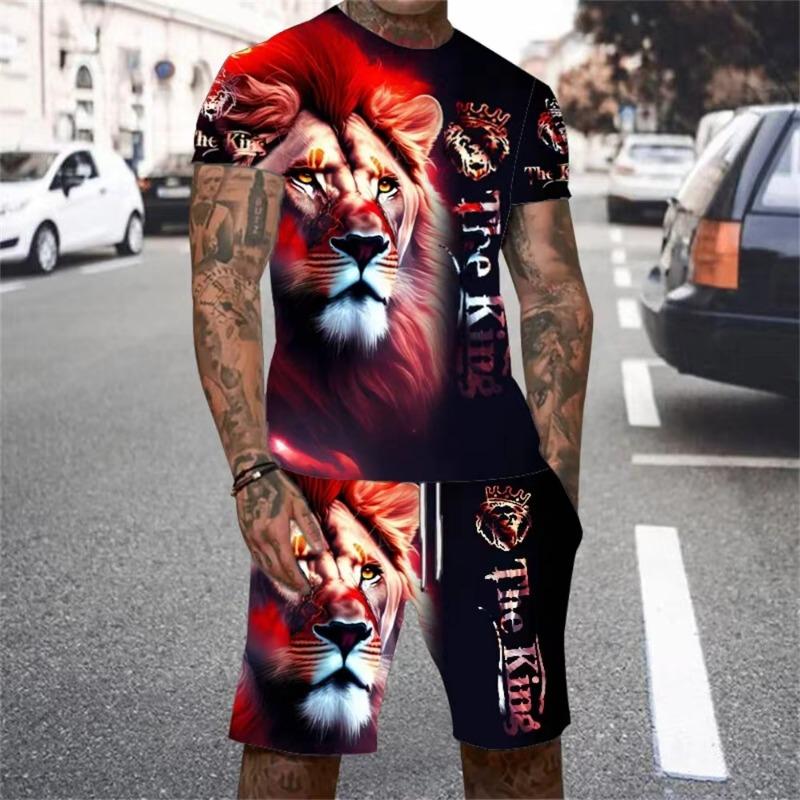 Men's Short Sleeved T-shirt Set Animal Lion Wolf 3D Printed Personalized T-shirt men's Set Casual Outdoor Sports Set Clothing Li