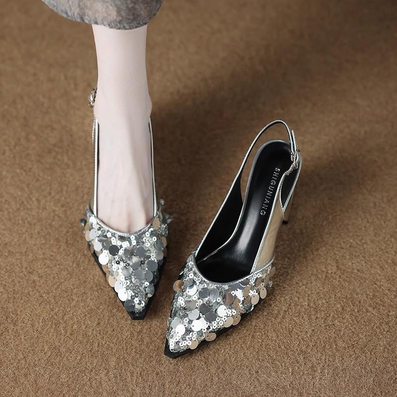 Fashion Women High Heel Shoes Pointed Toe Sandals Dress Slippers 2025 Summer Luxury Brand Party Chunky Shoes Mujer Slides Zapatos