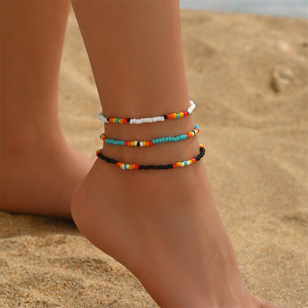 Rainbow Rice Beads Anklets For Women Silver Color 3pcs/Set Multicolor Foot Chain Ankle Bracelet Beach Jewelry Summer Accessories