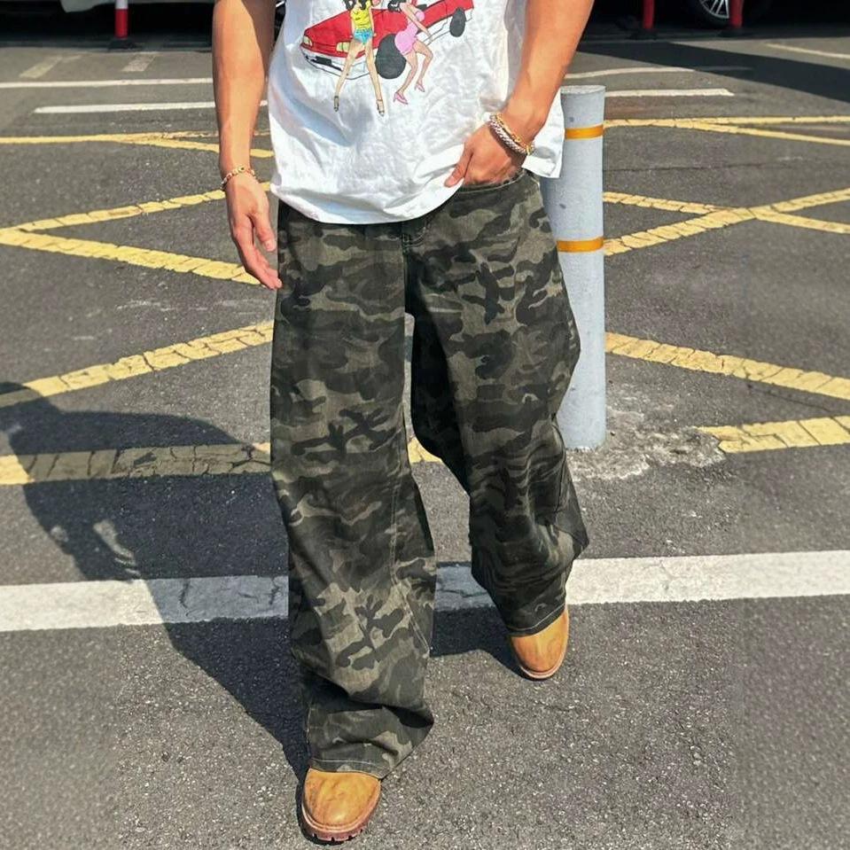 American Retro Washed Camouflage Scimitar Jeans Men's and Women's Loose Silhouette Design Sense Old Wide-leg Trousers