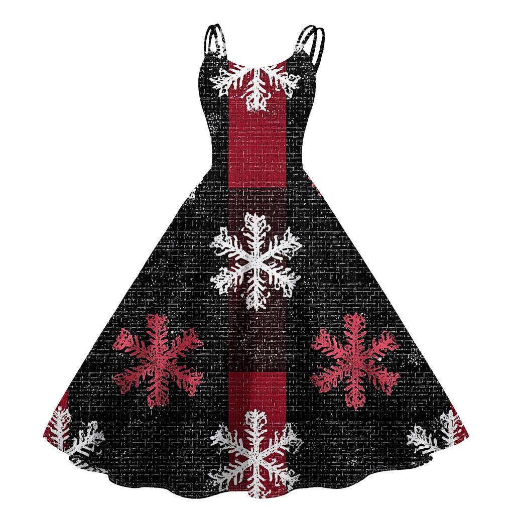 (Fröhliche Weihnachten) Damen Casual Mode Weihnachten Schneeflocke/Weihnachtsbaum/Schneemann Print Rundhals Retro Kleid