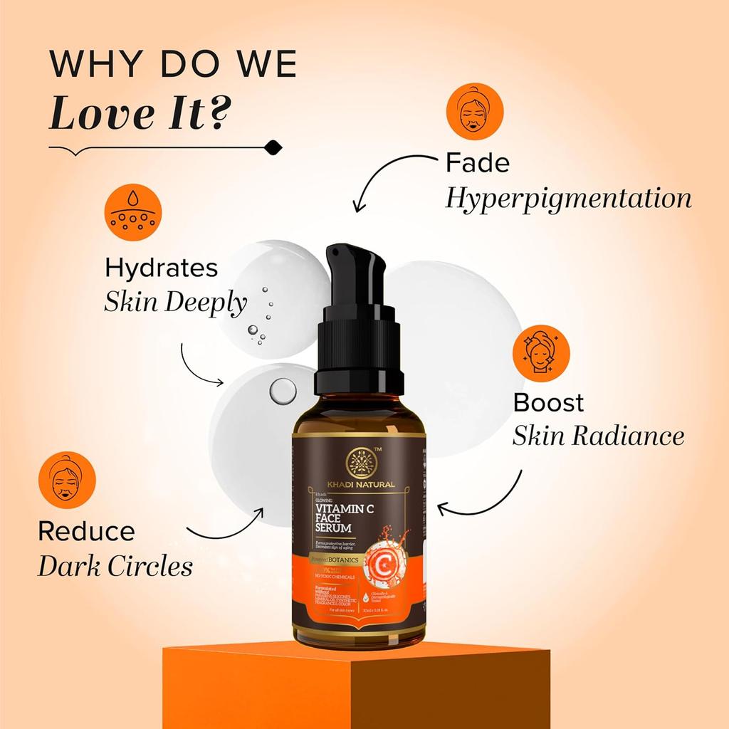 Khadi Natural Vitamin C Face Serum Brightening Hydrating Skin Care For Fine Lines Wrinkles Dull Skin All Skin Types 30 ml
