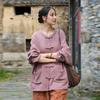 Johnature Vintage Tops Women Shirts Oneck Bat Sleeve Blouses Patchwork Pockets Loose Button Shirts