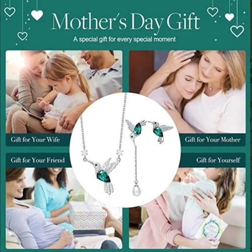 Hummingbird Pendant Necklace Set 925 Sterling Silver Rhodium Plated Green Enamel Birthday Gift for Women Valentine's Day Gift