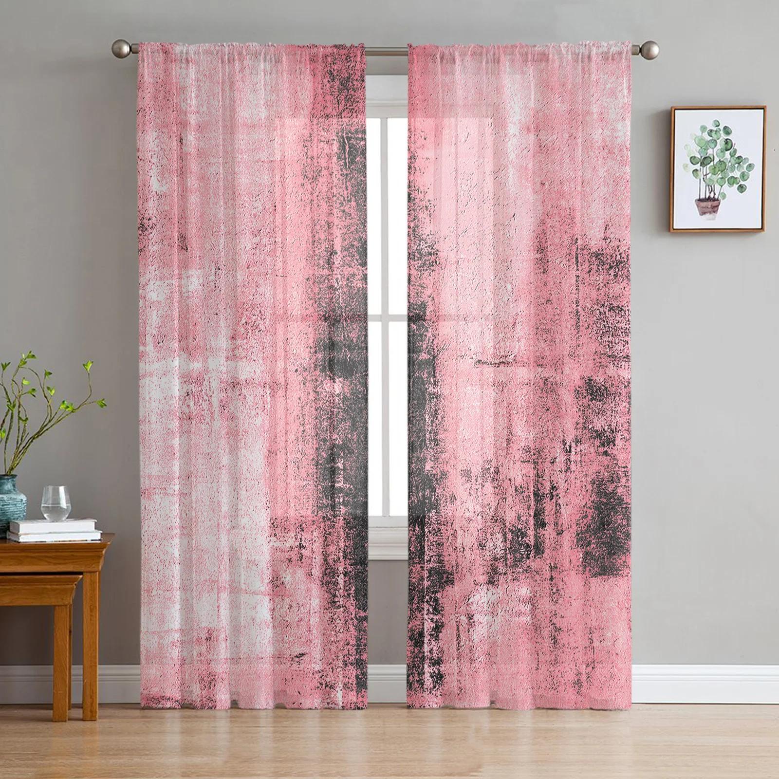 

Black Gray Oil Print Texture Paint Translucent Drapes ideal for Living Room Decoration Window Opening Drape Kitchen Area Tulle Voile Curtains W135 x H115cm x1&Grommet Top