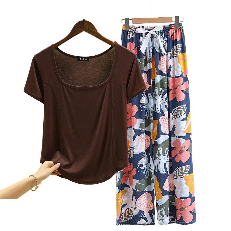 Fashion U Nek Tshirt and Floral Wide leg pants Summer fashion homewear 2pcs suit Loose Casual pajamas set comfort loungewear plus size