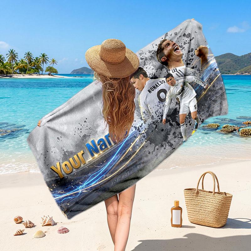 Cristiano Ronaldo Custom Beach Towel, Personalized Name Text Print, Football Logo Soft Quick‑Dry Towel Holiday Gift