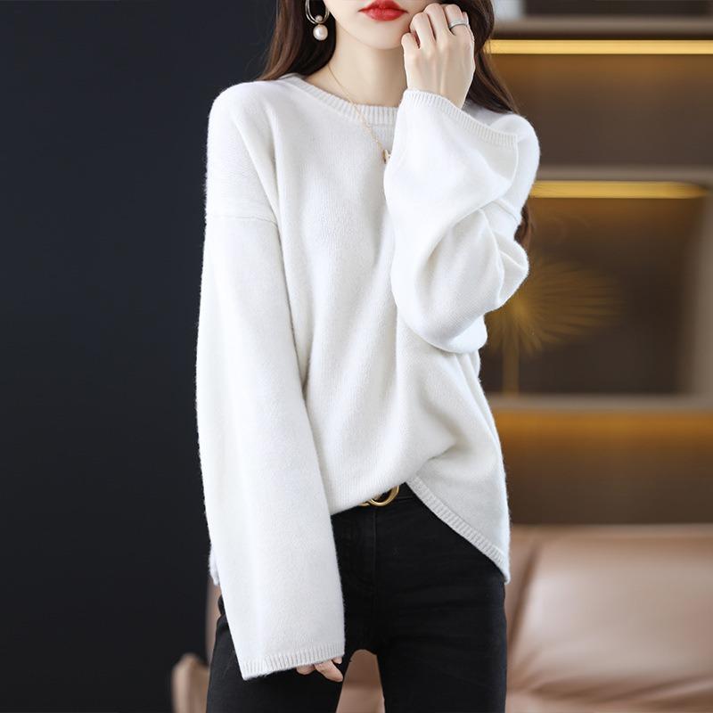 Lazy Casual Temperament Crew Neck Sweater Women's Autumn and Winter New Solid Color Loose Pullover Bottoming Knitted Sweater