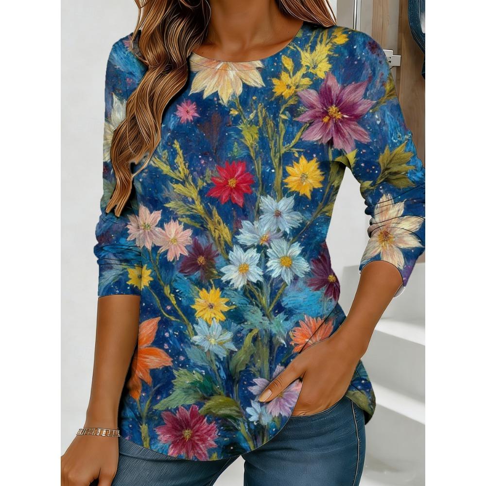 Women's Blue Flower Watercolor Printed Long Sleeve