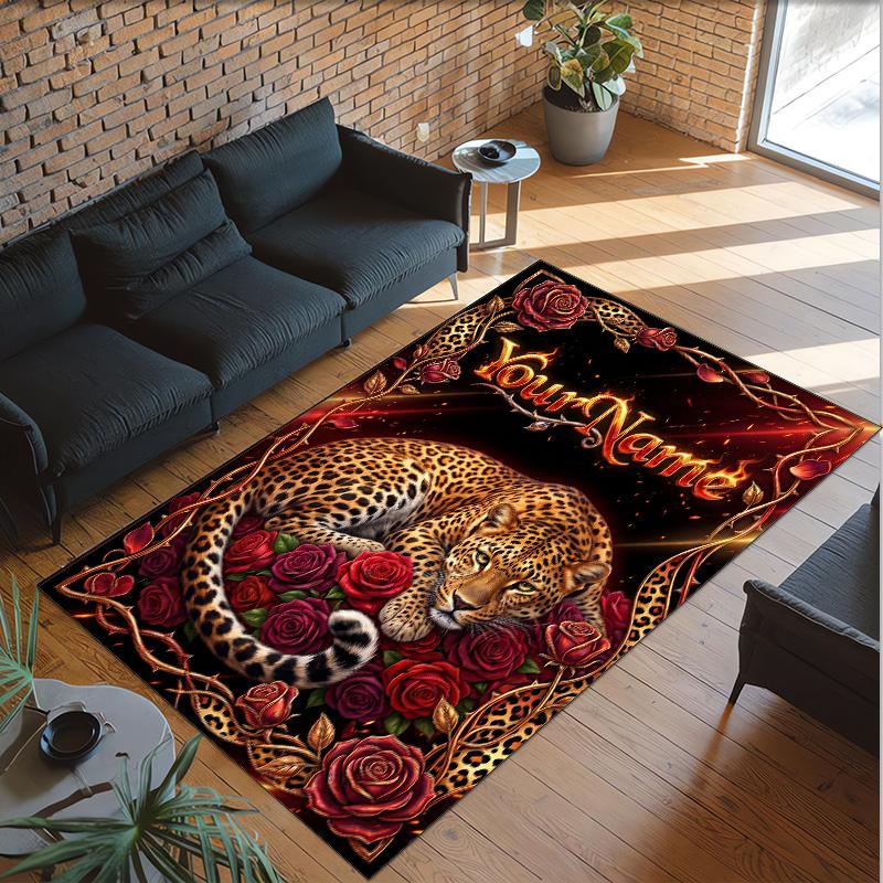 Leopard Theme Crystal Velvet Floor Rug Personalized Custom Name Text Warm Carpet Home Decoration