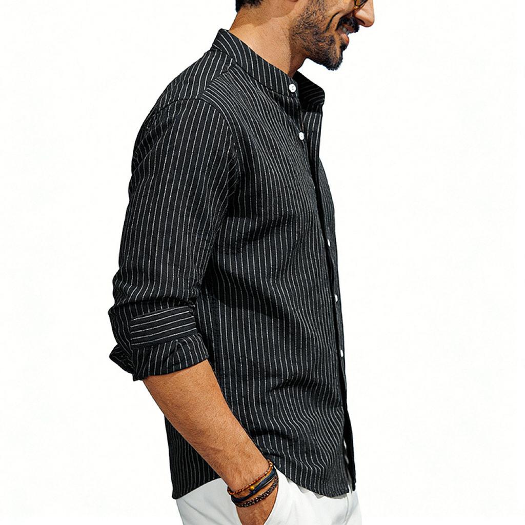 Men Casual Business Loose Stand Collar Long Sleeve Vertical Stripe Shirt