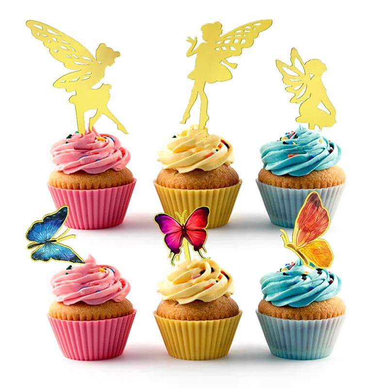 6pcs Fairy Butterfly Happy Birthday Cake Toppers Acrylic Angel Cake Topper for Birthday Party Cake Decorations Supplies
