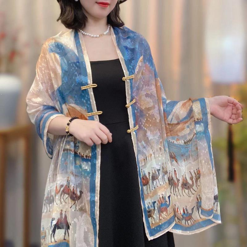 Xin Sai Qi Chinese Frog Button Cutout Shawl Fashionable Silk Scarf for Travel and Photography
