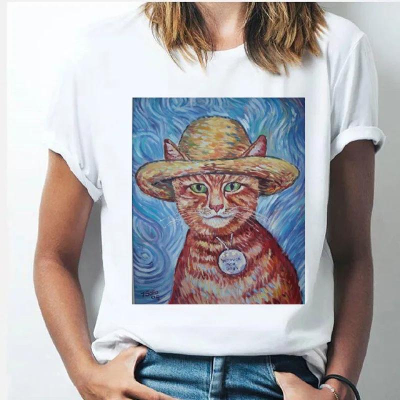 Oil Painting Cat Women's Fashion Personality Spoof Classic Oil Painting T-shirt Women Clothing Tops Harajuku Aesthetic Oversized