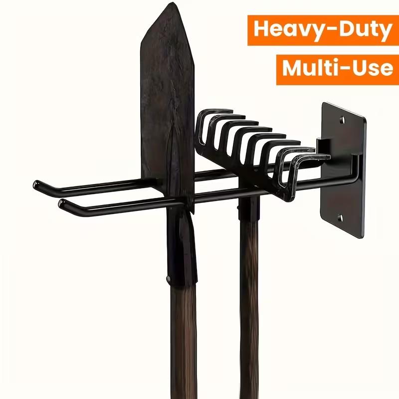 2pcs Wall-Mounted Metal Tool Rack, Multi-Functional Garage Garden Shelf, Fits Shovels Rakes Brooms, Durable Iron Storage Hooks