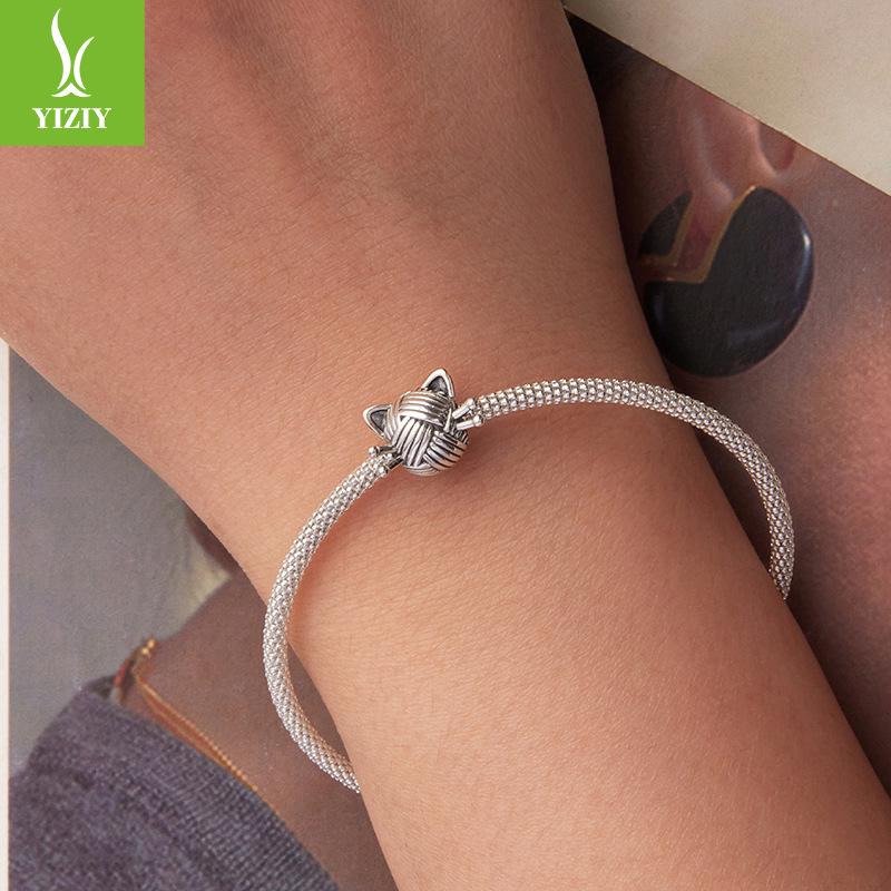 S925 Sterling Silver Cat Wool Beaded Loose Beads, Cute Pet Cat Diy Bead Accessories