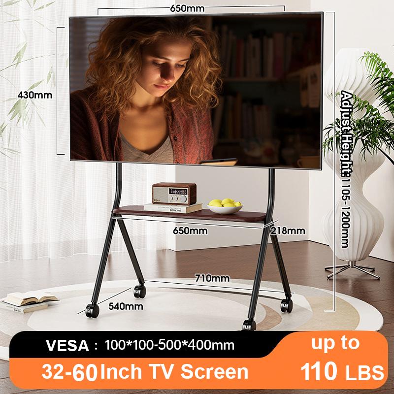 BEISHI Mobile Rolling TV Stand with Wood Shelf, Easy-to-Assemble Roller TV Cart for 32-60 inches TVs for Living Room Outdoor