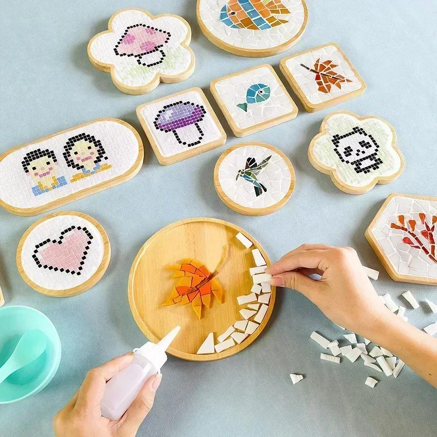 Handmade Diy Mosaic Cup Mat Bottom Bamboo Pad Heart Square Coaster Parent-Child Early Education Free Creation Handicraft Toys