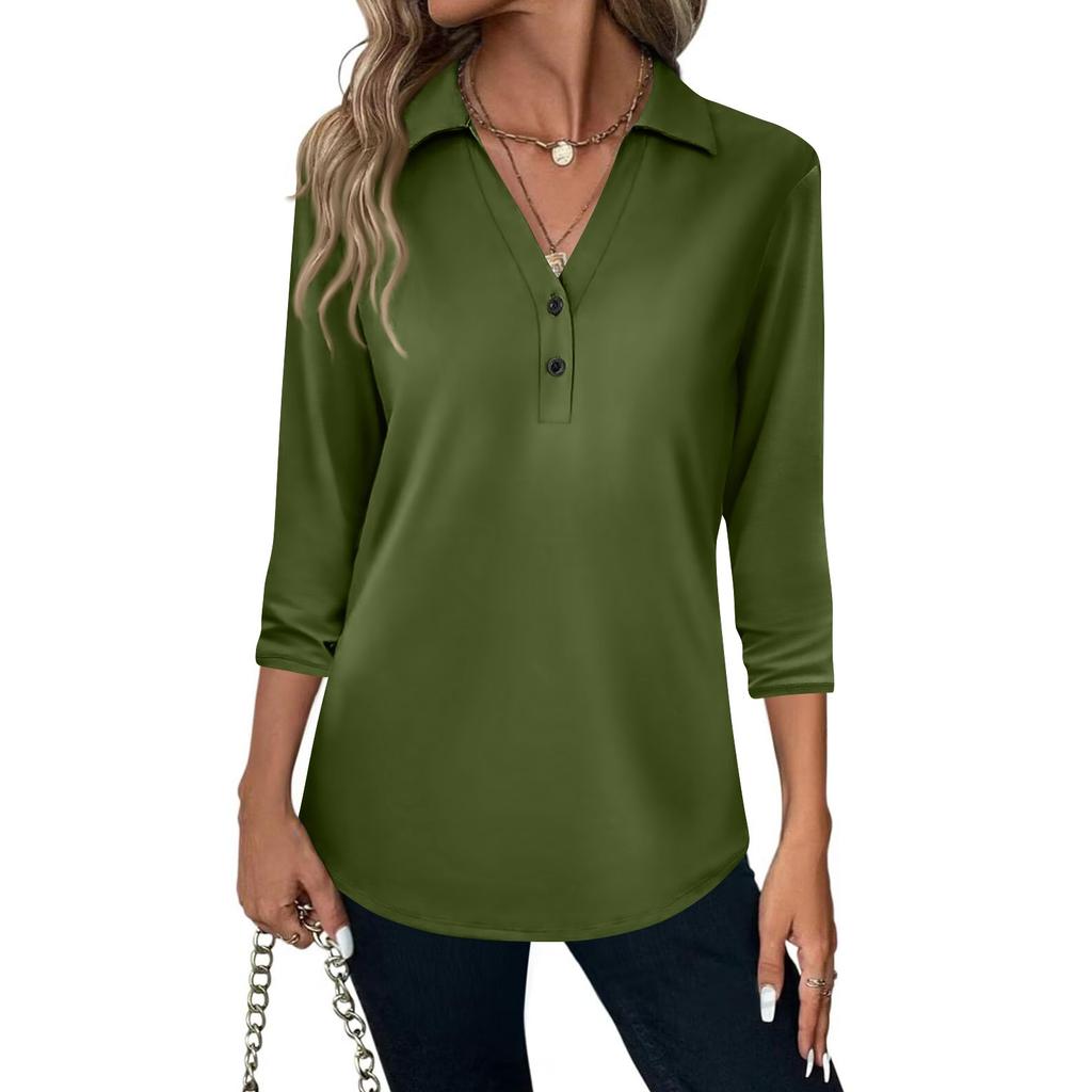 Women's Fashion Casual Lapel Short 3/4 Sleeve Solid Color Shirt Women's V-Neck Button Tops