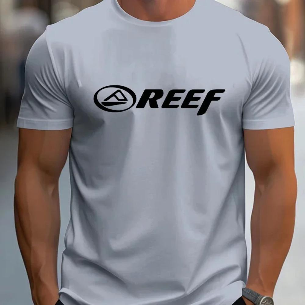 Herren Casual Rundhals T-Shirt 100% Strickstoff Leichter Stretch Normale Passform REEF Alphabet Muster Mode Trendiges T-Shirt Top