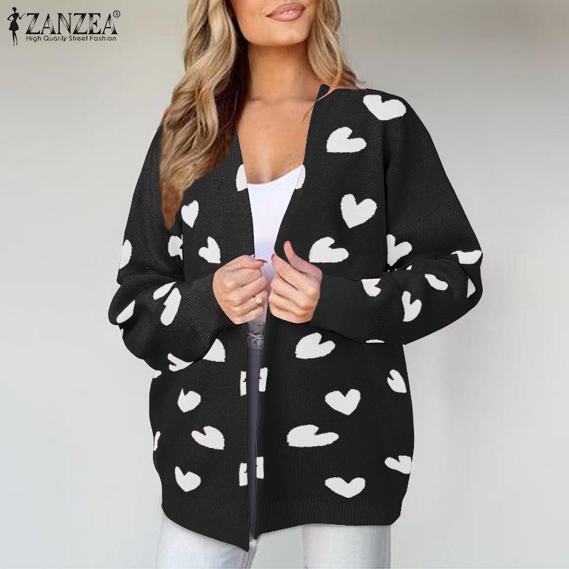 

ZANZEA Women Long Sleeve Heart Print Open Front Casual Knitted Kimonos Cardigans M рожевий
