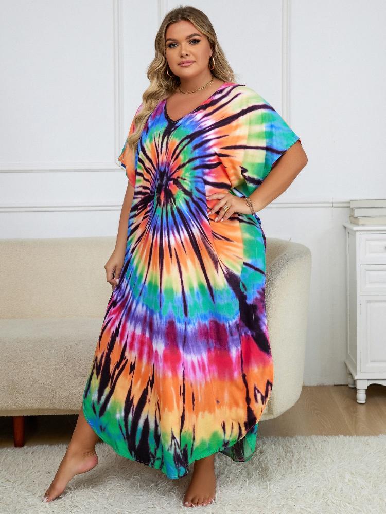 EDOLYNSA Ženy větší velikosti Kaftan caftan Bohemian Potisk Dlouhé šaty s výstřihem do V Maxi Šaty prázdninové plavky zakrývat domácí župan Q1218