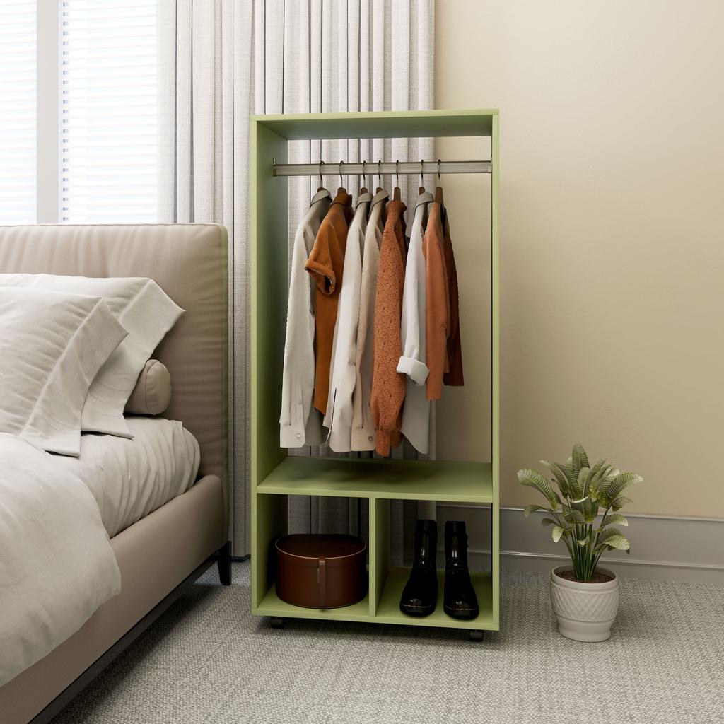 Open Wardrobe On Wheels, Bedroom Wardrobe with Clothes Hanging Rail, 2 Storage Shelves, Mobile Garment Rack for Cloakroom, Hallway, Green