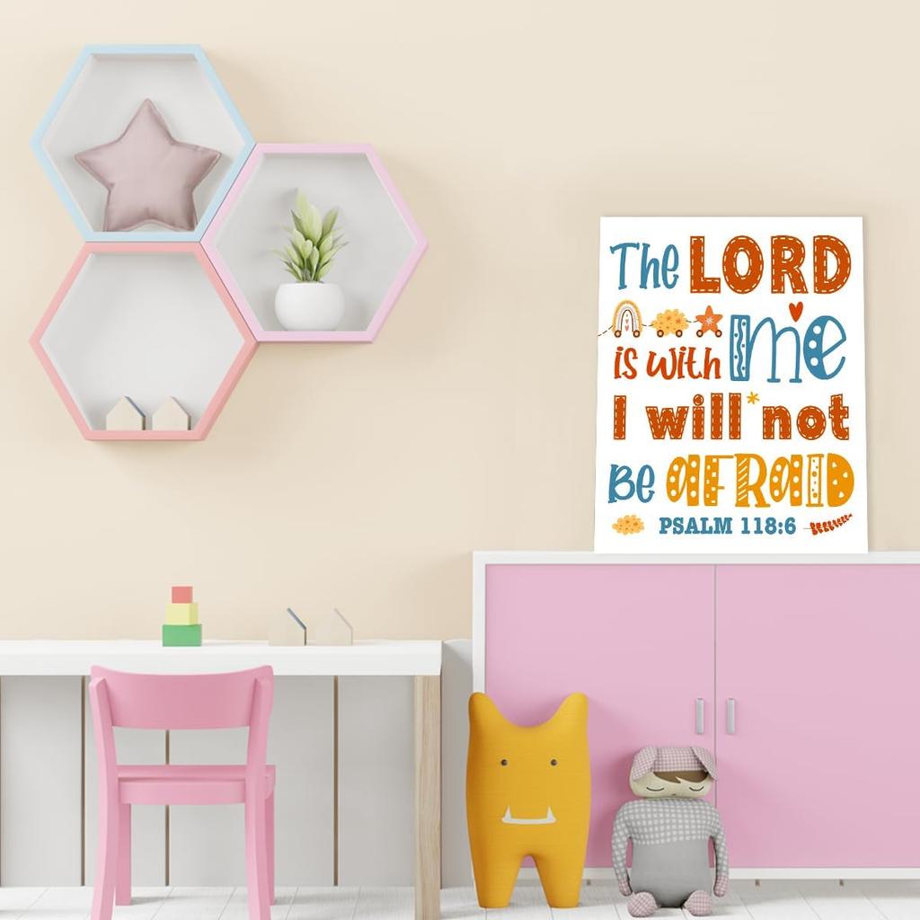 Christian Scripture Wall Art For Kids,The Lord Is With Me Psalm 118:6 pirational Bible Verse Canvas Framed Paintings Posters For Nursery Sunday