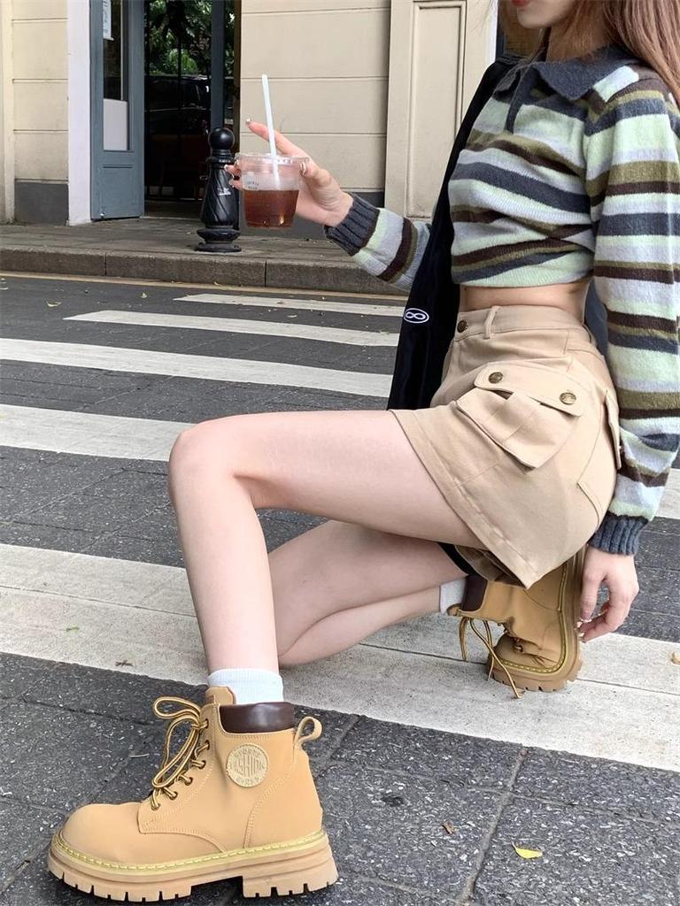 High-Waisted Khaki Mini Skirt for Women - Autumn 2023 American Style